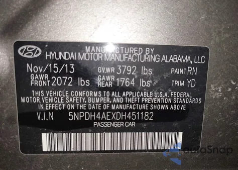 2013 Hyundai Elantra Gls from USA, damaged, VIN 5NPDH4AEXDH451182